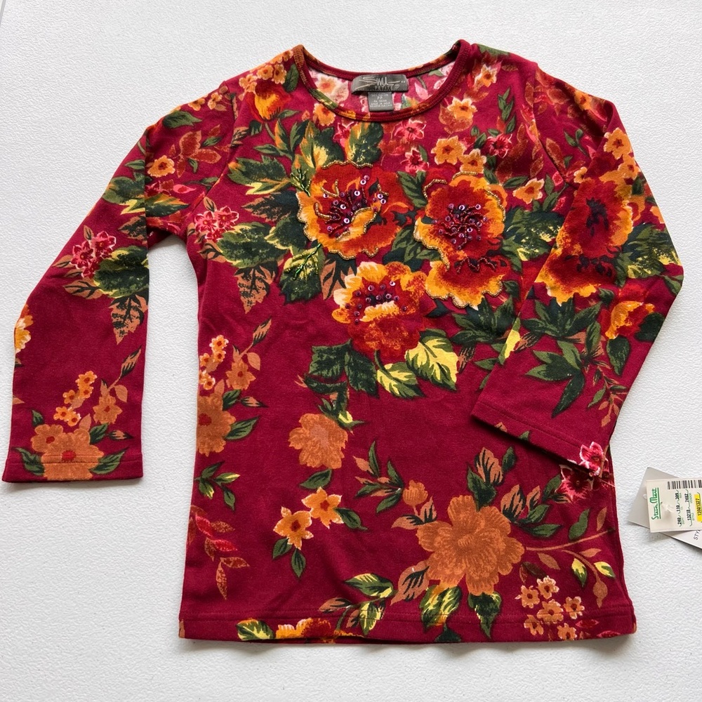 Stein Mart Vintage Floral Top Beads Sequins Cotton Petite Small BurgundyWine NWT